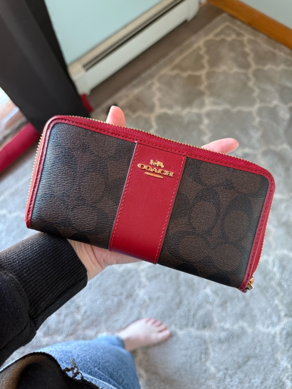 Coach Brown Monogram Zip Wallet with Red Trim